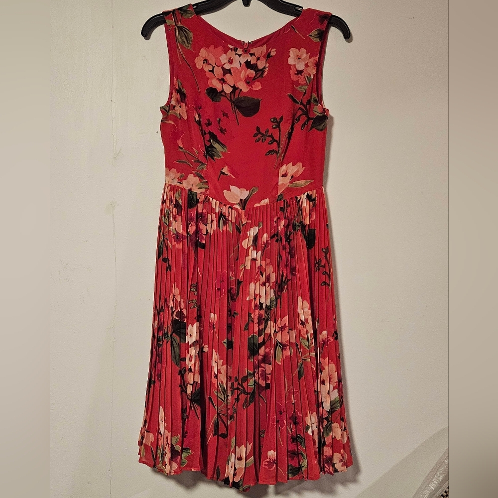 Adrianna Papell Red Floral Midi Dress Pleated